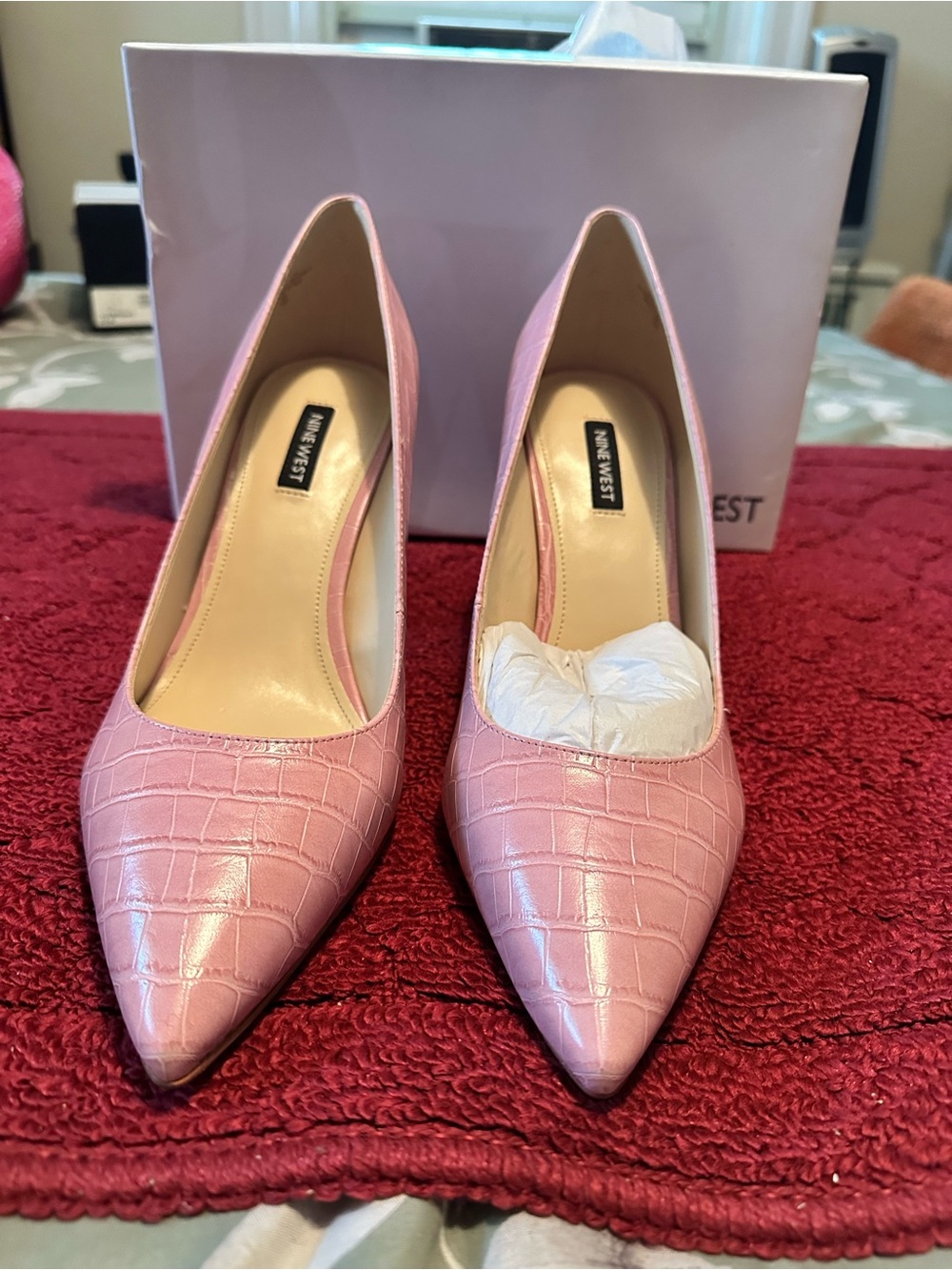 Nine West Pink Croc-Embossed Pointed-Toe Pumps